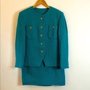 Vintage Eric Pang Teal Wool Bouclé Skirt Suit – Made in Hong Kong – Small
